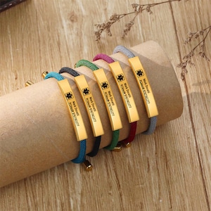 Medical Alert ID Bracelet with Soft Rope,Chainless Medical Bracelet,Personalized Healthy Information Bracelet,Adjustable Engraved Bracelet