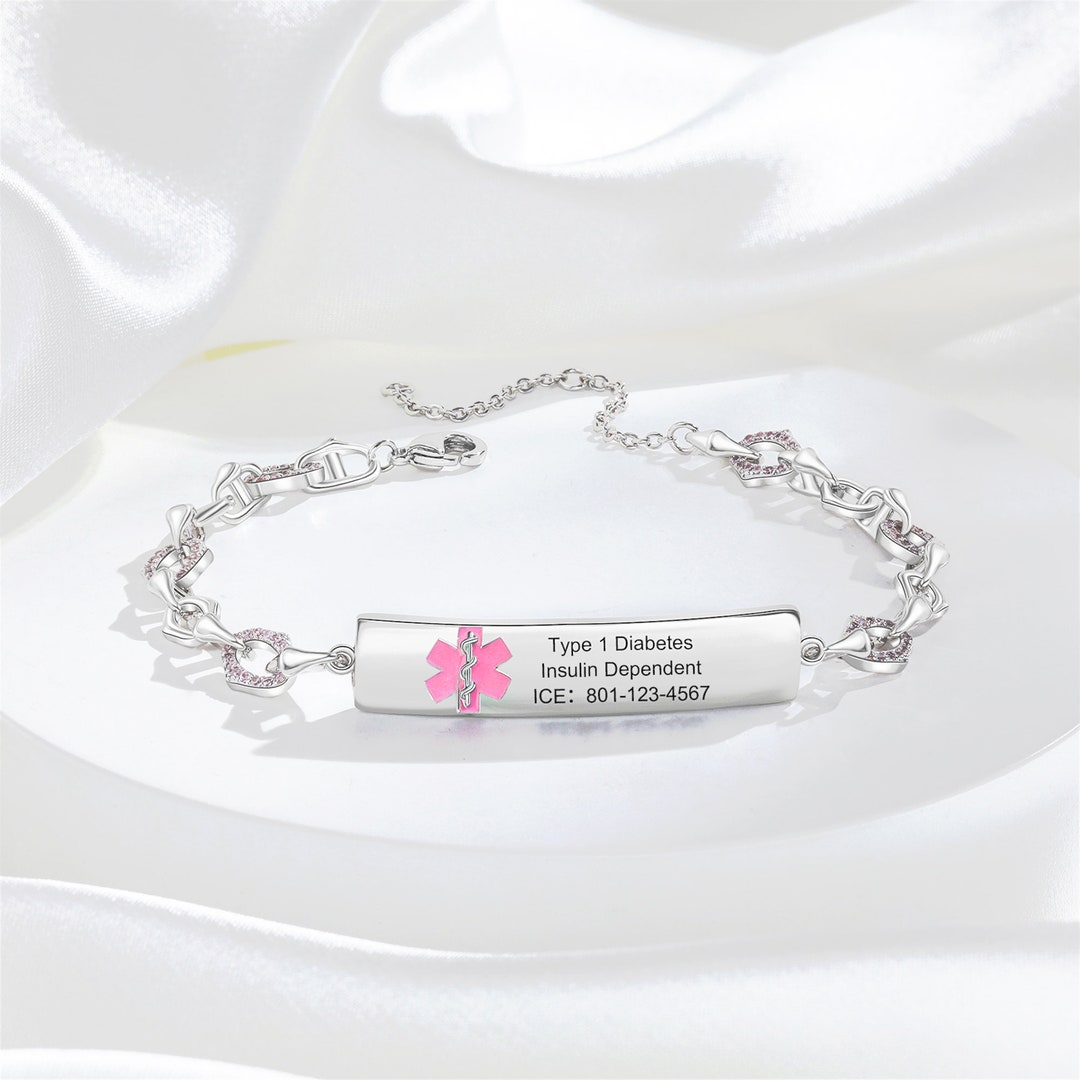 Custom Diamond Medical Alert Bracelet 2sides ICE Women's Medical ID Tag