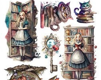 6x12, 12 sheets, Extras set for Cutting, Enchanted World - Following Alice, Art Alchemy, Scrapbooking Paper set, Card Stock