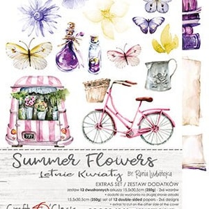 Colección FLORES DE VERANO -juego de extras, Craft O'Clock, Juego de extras para cortar, Juego de papel Scrapbooking 6x12 12 hojas, Cartulina