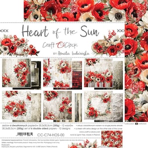 Herz der Sonne 12x12 Scrapbook Papier | 6 doppelseitige Blätter + Bonus | Mohnblumen Vintage | Handgemacht