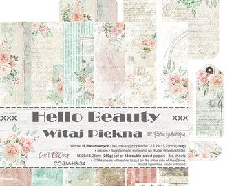 May include: A set of 18 double-sided scrapbook paper sheets with a floral design. The paper is 6 inches by 6 inches and is acid and lignin free. The paper is made in Poland. The paper is called "Hello Beauty" and features the text "Witaj Piękna" by Ronia Ludvinska.