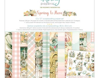 May include: A 12x12 inch scrapbooking paper set with a spring theme. The paper set includes 12 double-sided printed sheets with a variety of designs, including floral patterns, gingham checks, and a birdhouse. The paper is acid and lignin free. The set also includes a bonus sheet with elements on the back of the cover. The paper is made in Poland.