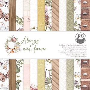 Puede incluir: Un paquete de 24 hojas de papel de diseño de doble cara de 15,24 x 20,32 cm con patrones florales, de madera y geométricos. Los papeles son libres de ácido y lignina y tienen un gramaje de 240 g/m². El paquete incluye dos hojas de bonificación en la portada. Los papeles están hechos en Polonia y presentan el texto "Always and forever".
