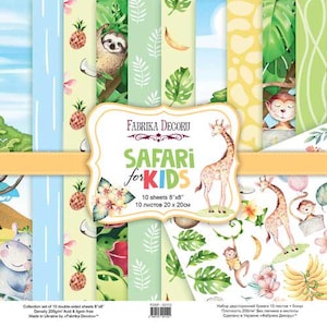 May include: A collection of Safari for Kids themed scrapbook paper sheets. The sheets feature illustrations of giraffes, sloths, monkeys, and pineapples. The paper is 8"x8" and double-sided. The brand name "Fabrika Decoru" is visible.