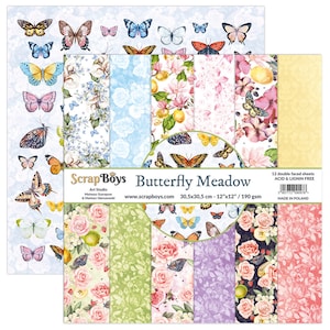 Butterfly Meadow, ScrapBoys, Scrapbooking Juego de papel de doble cara 12 x 12, 12 hojas, Cartulina