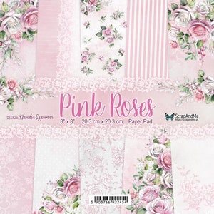 8 x 8, 15 vellen, collectie roze rozen, ScrapAndMe, snijvellen set plakboekpapier 8 x 8, 15 vellen karton bloemenpatroon