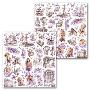 12 x 12, 1 hoja, Diseño Margaret, Colección Violet Whisper 02 – Extras para cortar, Impresión espejo, Papel para scrapbooking, Corte preciso, Fabricación de tarjetas