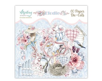 May include: A set of 60 paper die-cuts featuring a whimsical floral theme with two women in dresses riding a bicycle, birds, a birdhouse, a nest, a fence, and hearts. The die-cuts are on a blue background with a white lace pattern.
