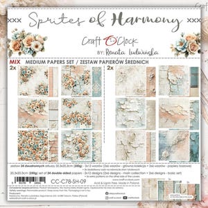 May include: A set of 24 double-sided medium papers, 20.3 x 20.3 cm, featuring floral and distressed textures. The papers are part of the "Sprites of Harmony" collection by Craft O'Clock, with a mix of designs and basic sets.