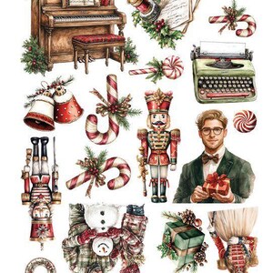 May include: A collection of Christmas-themed paper cutouts featuring a piano, nutcrackers, a typewriter, candy canes, gingerbread cookies, a snowman, and a person holding a gift. The sheet includes the text Wonderful Christmas Time AA-WCT-10.