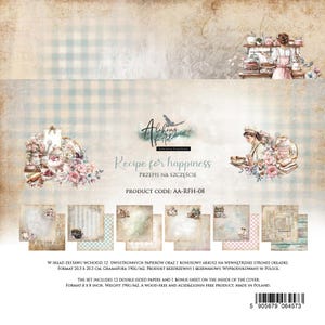 8x8, 12 hojas, Art Alchemy, Colección Receta para la Felicidad, Juego de papeles para scrapbooking, Diarios, Tarjetería, Cartulina, Tarjetería, Diarios