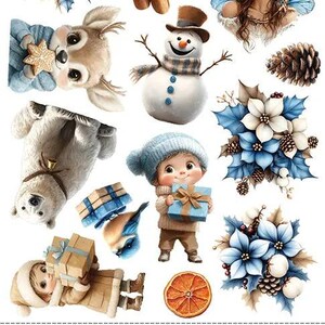 May include: A collection of watercolour illustrations with winter and festive themes. Depicts a snowman, fairy, bear, and child with gifts, alongside blue flowers, pinecones, and cinnamon sticks. The text "JOLLY Season" is visible.