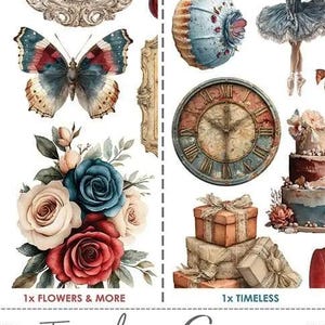 May include: A collage of vintage-style illustrations. Includes a red camera, a clock, a ballerina, a butterfly, flowers, and gift boxes. The words "Timeless Grace" are also present.