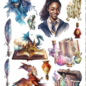 Pode incluir: Um conjunto de papel digital para scrapbooking com ilustrações de aquarela de uma escola de magia, incluindo um castelo, um dragão, uma fênix, um leão, um livro, uma pena, uma garrafa de poção e um baú. O papel é projetado para uso em scrapbooking digital, criação de cartões e outras manualidades de papel.