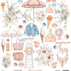 Peut inclure: Un pack de papier numérique sur le thème de la plage. Le pack comprend des images d'un parasol de plage, d'une chaise de plage, d'un château de sable, de cornets de glace, d'une veste en jean, d'une station de sauvetage, d'un sac de plage, d'une coquille, d'un ventilateur, d'un attrape-rêves et de fleurs. Le texte "Sunset Beach" est inclus dans l'image.