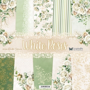 Weiße Rosen 12x12 Scrapbook Papier | 5 doppelseitige Blätter + Umschlag | Blumenhochzeit, Floral, Elegant Vintage | ScrapAndMe