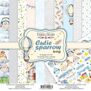 May include: A collection of double-sided scrapbook paper sheets with a "Cutie Sparrow Boy" theme. The designs include hot air balloons, birds, feathers, and musical notes in soft blue, white, and beige tones. Each sheet measures 12 x 12 inches.