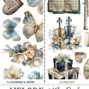 May include: A collection of watercolour illustrations featuring musical instruments, flowers, butterflies, and sheet music. The design includes a framed picture, violins, a flute, and gift boxes. The text "Melody of My Soul" is also present.