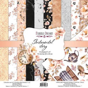 May include: A collection of ten double-sided scrapbook papers, each 8 x 8 inches, featuring floral and patterned designs in soft peach, cream, and black. The set includes a clock, teapot, and the text "Sentimental Story."