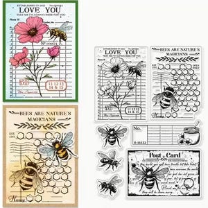 以下が含まれることがあります： ミツバチと花のテーマのスタンプのコレクション。スタンプには、ミツバチ、花、ハニカムパターンのイラストが描かれています。一部のスタンプには「LOVE YOU」や「BEES ARE NATURE'S MAGICIANS」などのテキストが含まれています。カラーパレットには、黒、白、ピンク、緑が含まれています。