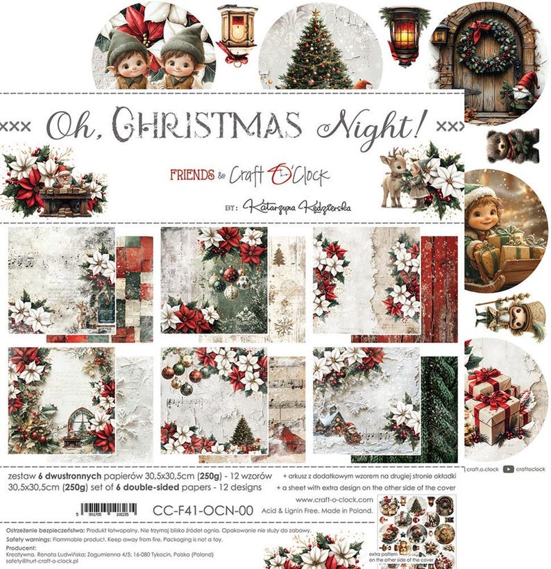 scrapbooking paper pad 12×12 “oh, christmas night” | craft o’clock | 6 double sided sheets + bonus, 250 gsm | scrapbooking & cardmaking