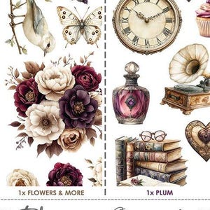 May include: A collection of vintage-style illustrations including flowers, a bird, a butterfly, a clock, a gramophone, and a perfume bottle. The colour scheme features plum, cream, and gold. The text "Plum & Caramel" is visible.