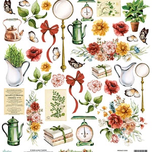Peut inclure: Un pack de papier numérique sur le thème botanique avec des illustrations de fleurs, de papillons, de théières, de livres, de balances, de loupes et d'une plante en pot. Le pack de papier comprend le texte "Botanica in originali" et "Ferearm vivum".