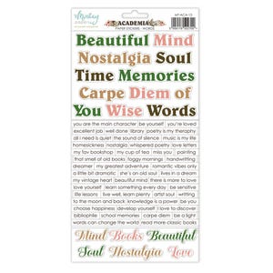 Peut inclure: Une feuille d'autocollants en papier colorés avec des citations et des phrases inspirantes. Les autocollants sont dans des tons de vert, rose et marron. Le texte sur les autocollants comprend "Beautiful Mind", "Nostalgia Soul", "Time Memories", "Carpe Diem of", "You Wise Words", "Mind Books Beautiful", "Soul Nostalgia Love", et plus.