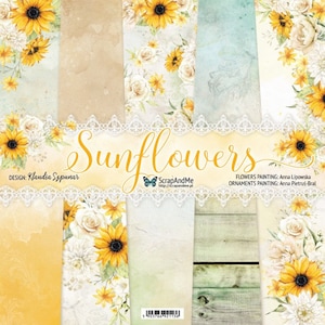 12 x 12, 5 feuilles, Collection Tournesols, ScrapAndMe, feuilles à découper pour scrapbooking, lot de 12 x 12, 5 feuilles bristol motif fleurs
