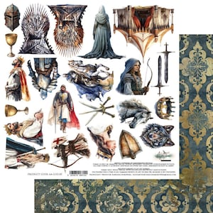 May include: A sheet of decorative paper featuring watercolor illustrations of medieval fantasy elements. Includes a throne, knights, swords, a wolf, and a hooded figure. The paper has a blue and gold damask pattern.