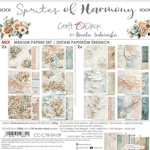 Może przedstawiać: Zestaw średnich papierów "Sprites of Harmony" z kwiatowymi i postarzanymi wzorami. Zestaw zawiera 24 dwustronne papiery, każdy 20,3 x 20,3 cm, z różnymi wzorami kwiatowymi i efektami starzenia. Bez kwasów i ligniny.