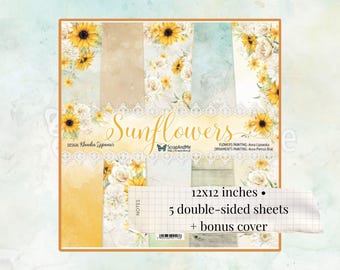 Sunflowers 12x12 Scrapbook Paper Pack | 5 Double-Sided Sheets + Bonus Cover | Floral Cardstock | ScrapAndMe Paper | Cutting Sheets