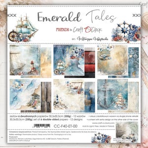 Puede incluir: Una hoja de papel de doble cara con diseños de temática náutica. La colección "Emerald Tales" presenta ilustraciones de veleros, faros y anclas en tonos azules, beige y rojos. El papel mide 30,5 x 30,5 cm.