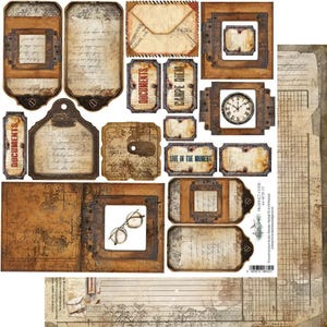 May include: A selection of vintage-style scrapbook paper elements. Features tags, frames, and journal cards with aged paper textures, handwritten script, and the phrases "DOCUMENTS", "CARPE DIEM", and "LIVE IN THE MOMENT". The colour palette is mainly brown and beige.