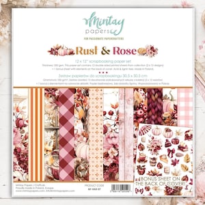 Puede incluir: Un set de papel para scrapbooking Mintay Papers Rust & Rose de 30,5 x 30,5 cm con 12 hojas de doble cara con diseños otoñales que incluyen calabazas, follaje y patrones de cuadros, además de una hoja extra con elementos en la contraportada.