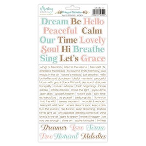 Peut inclure: Une feuille d'autocollants en papier colorés avec des mots comme "Dream", "Be", "Hello", "Peaceful", "Calm", "Our", "Time", "Lovely", "Soul", "Hi", "Breathe", "Sing", "Let's", et "Grace". Les autocollants sont dans différentes nuances de rose, bleu et marron. Les mots "Dreamer", "Love", "Serene", "Free", "Natural", et "Melodies" sont également inclus dans une police plus grande.