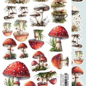 May include: A sheet of watercolour mushroom stickers. The stickers feature various mushroom illustrations, including red caps with white spots and white-capped mushrooms. Some mushrooms are in teacups. The product code is AA-TWOF-09.