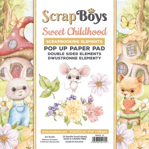 POP UP Sweet Childhood, ScrapBoys, conjunto de elementos para scrapbooking 6 x 6, 24 folhas, papel cartão