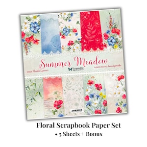 May include: A floral scrapbook paper set with various designs, including flowers and watercolour backgrounds. The set is labelled "Summer Meadow" and "Floral Scrapbook Paper Set". The paper features red, blue, and white floral patterns.