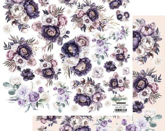 In paarse kleuren – bloemen | 1 vel | 12 x 12 pietluttig gesneden plakboekpapier | Spiegelprint | Gebloemde stansvormen | Alchemie van de kunst