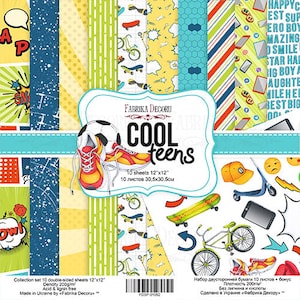 12 x 12, 10 sheets, Cool Teens, Fabrica Decoru, Scrapbooking Double Sided Paper set 12 x 12, 10 sheets, Card Stock