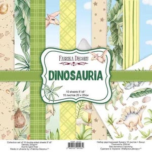 May include: A collection of double-sided scrapbook paper sheets with a dinosaur theme. The sheets are 8" x 8" and feature various patterns, including dinosaurs, leaves, and geometric designs. The paper is acid and lignin-free.
