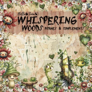 Pode incluir: Uma impressão de arte digital intitulada Whispering Woods Frames & Complements da Bella Luna Crafts. O design apresenta criaturas da floresta, cogumelos, flores, corações e um cristal brilhante, tudo sobre um fundo de papel vintage.