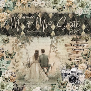 Mr & Mrs Smith Basics Scrapbooking Papier | 12 doppelseitige Bögen 30x30 | Hochzeit Rustikal Vintage Blumen Grün Creme | BellaLuna Kunsthandwerk