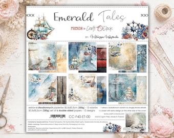 May include: A set of 6 double-sided craft papers titled Emerald Tales by Friends of Craft O'Clock. The collection features 12 nautical-themed designs including ships, lighthouses, anchors, and sea life in shades of blue, beige, and red. Measures 30.5x30.5cm.