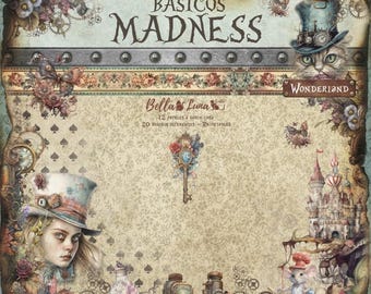 May include: A vintage-inspired paper crafting kit with a whimsical Alice in Wonderland theme. The kit includes 12 papers and a score card, with 20 different designs. The title of the kit is "Basicos Madness Wonderland" and the brand is "Bella Livia".
