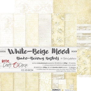 Collection WHITE-BEIGE MOOD, Craft O&#39;Clock, Sheets for Cutting, Scrapbooking Paper set 12 x 12 6 sheets, Card Stock