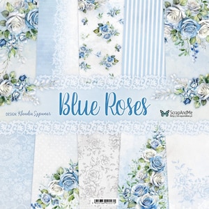 12 x 12,5 vellen, collectie blauwe rozen, ScrapAndMe, snijvellen set plakboekpapier 12 x 12,5 vellen karton bloemenpatroon