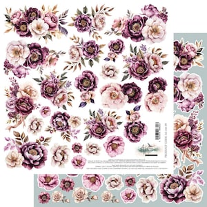 May include: A sheet of floral stickers featuring watercolour-style peony and rose designs in shades of purple, pink, and cream. The stickers vary in size and include individual flowers and bouquets with green and brown leaves.